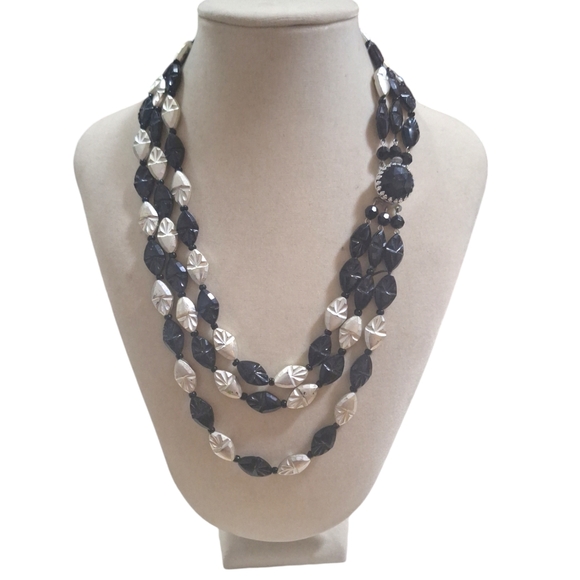 unbranded Jewelry - Vintage West Germany Black & Silver Acrylic Triple Strand Beaded Necklace 18"